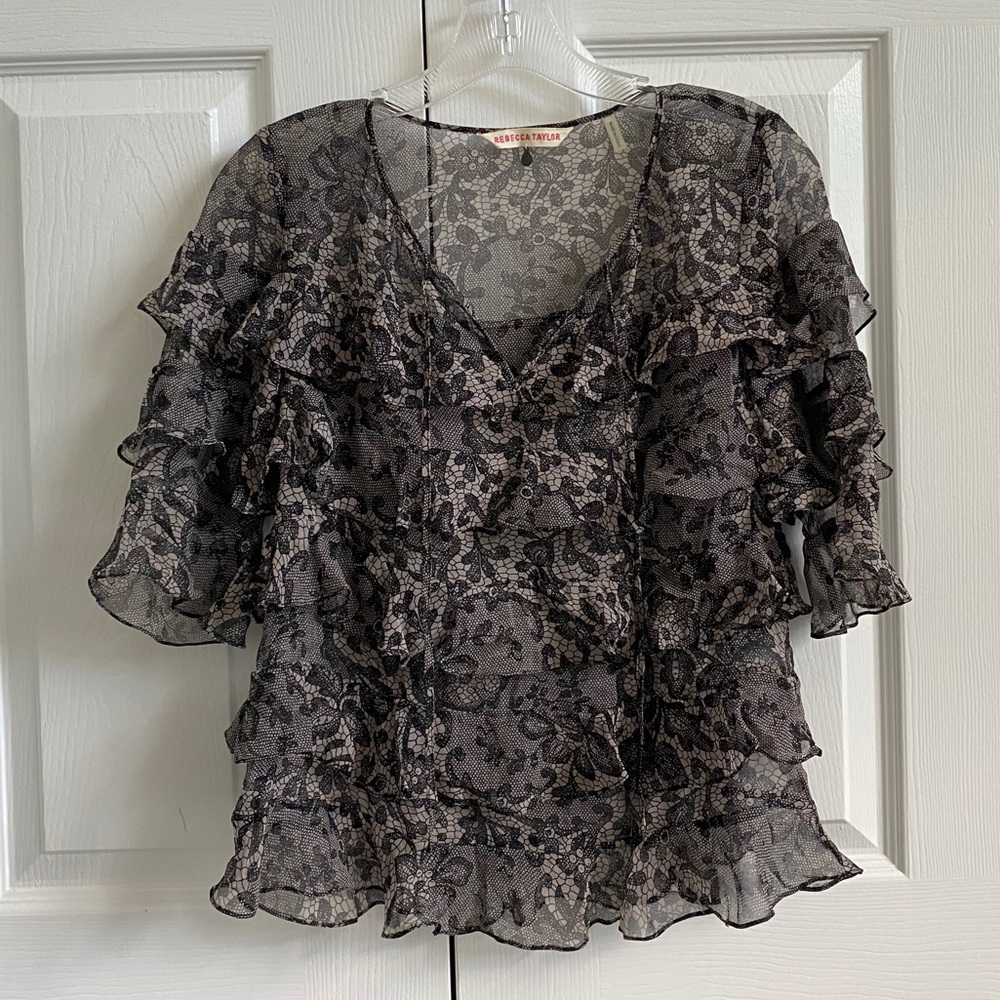 rebecca taylor printed mesh ruffle blouse